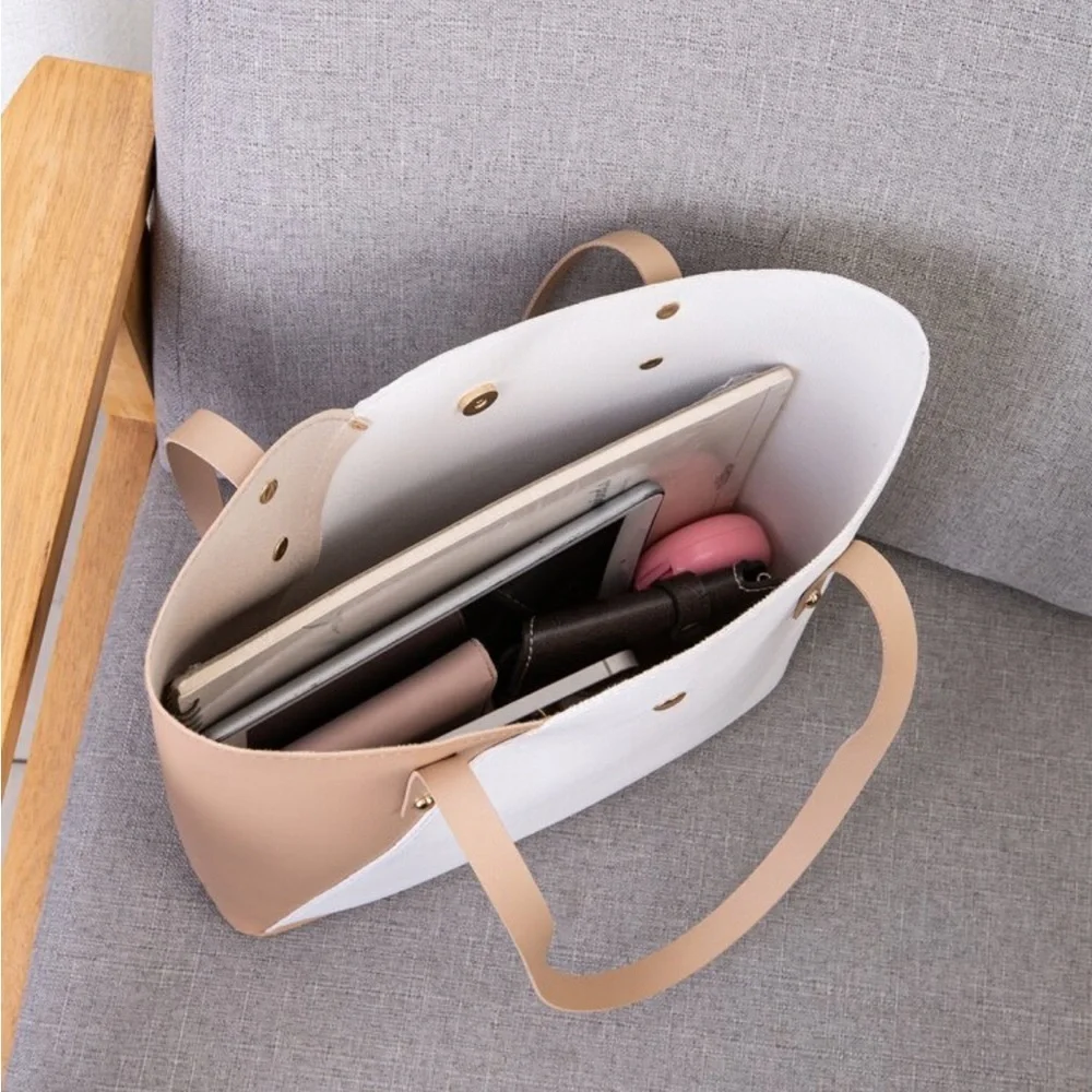 ⚠️Clearance White And Brown Color Block Shoulder Tote Bag - Picture 5 of 5
